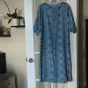 Zara Blue Patterned embroidered 3 quarter Sleeve tunic shift slit Dress size XL